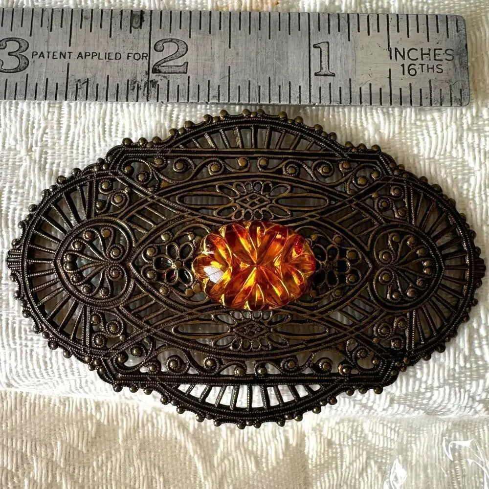 Vintage Large Filigree Faux Citrine Brooch Repaired Clasp 1930’s Art Deco